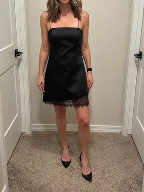 Zara Satin Little Black Dress Mini Slip Dress Lace Trim Asymmetrical Hem NWT Med